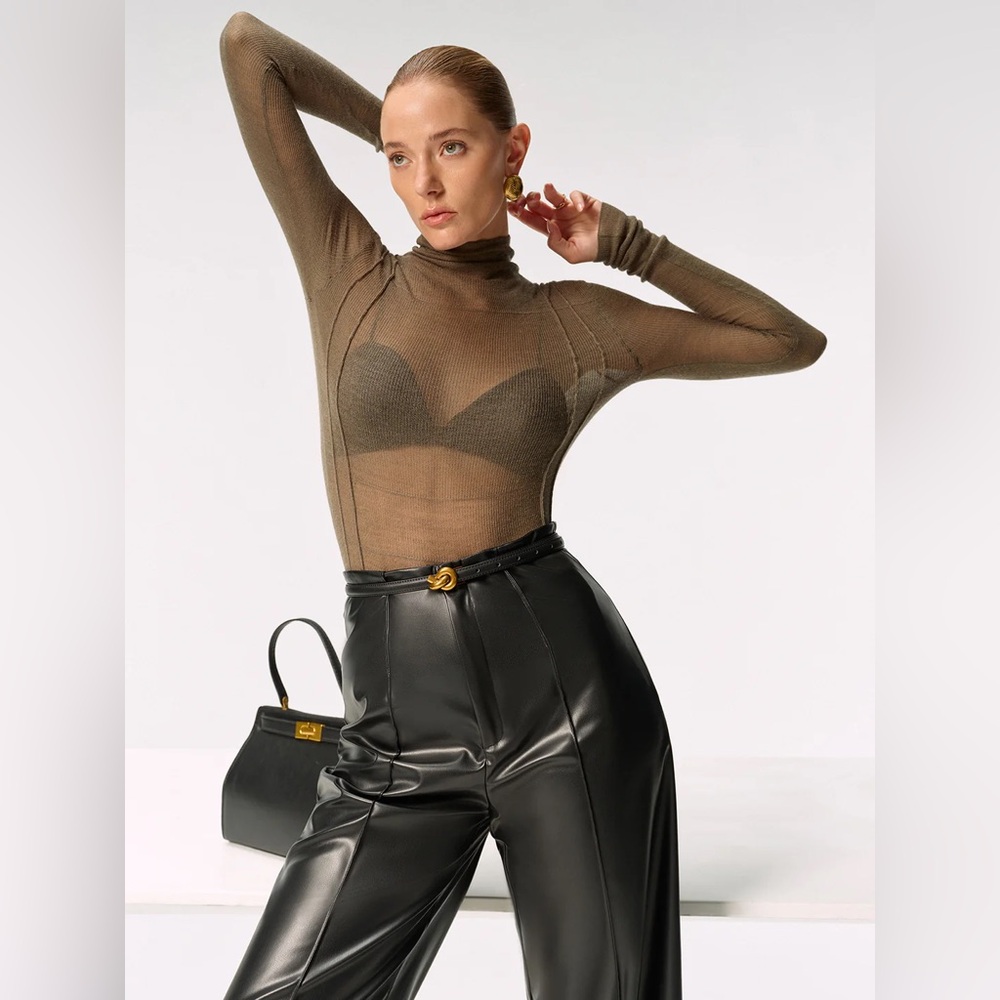 COMMENSE Wool Blend Fitted Sheer Turtleneck Knit Top - size Large